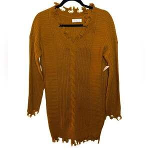NWT Full Circle Trends Distressed Mustard Yellow Sweater Dress Size L